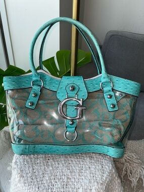 Rare Vintage Y2K GUESS Purse Turquoise Blue Clear Logo Ostrich Shoulder G Bag 🩵